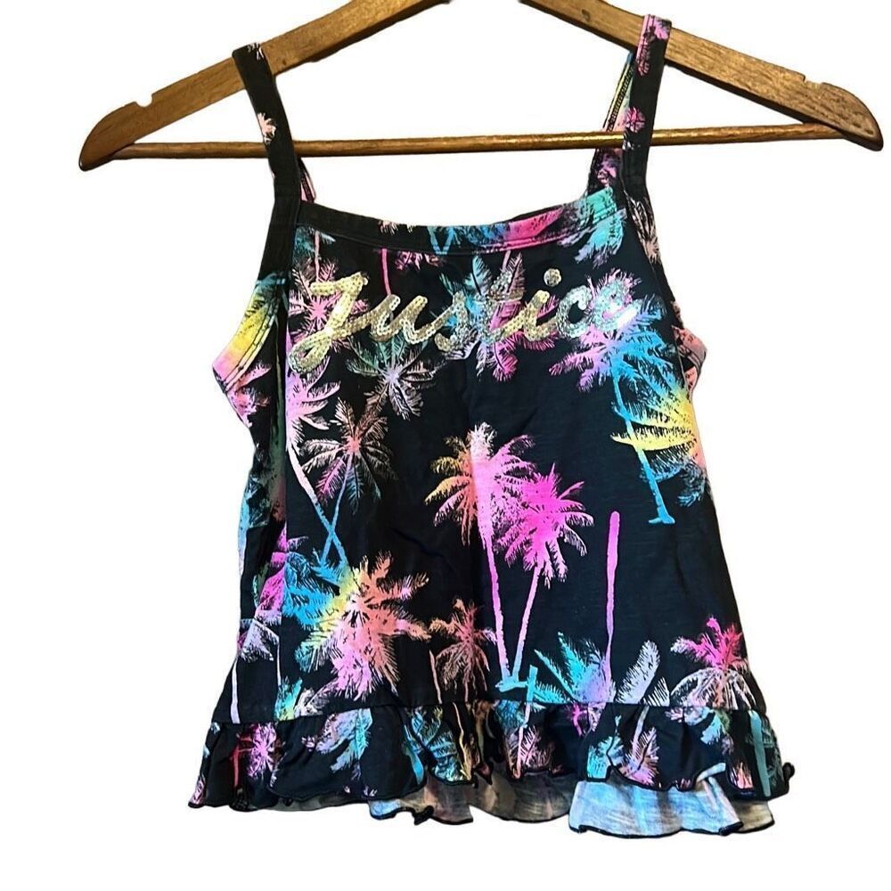 Justice Girls Black Palm Tree Rainbow Graphic Tank Top Ruffle Hem Size M